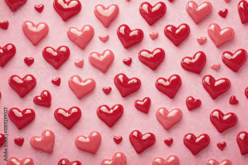 A background filled with glossy red and pink heart shapes scattered over a soft pink surface.