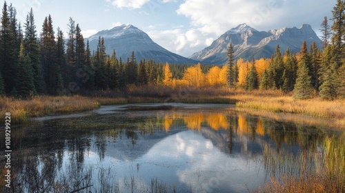 Tranquil pond reflecting vibrant autumn foliage and towering mountains under a serene sky, framed by lush forests in golden hues.