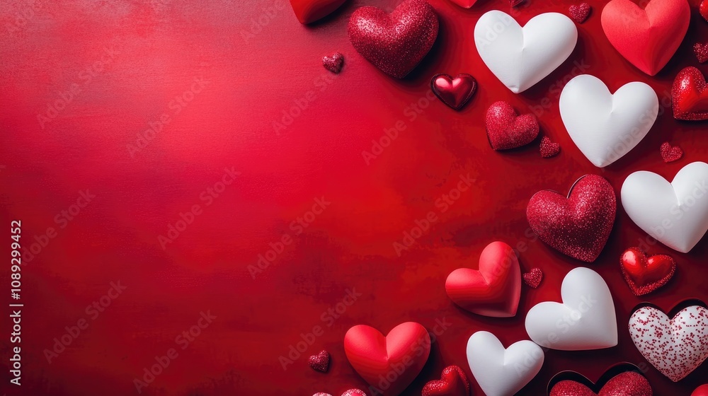 Valentine's Day Heart Arrangement on Red Background with White and Pink Hearts Framing Empty Space for Text Valentine's Day Heart Arrangement on Red Background with White and Pink Hearts Framing Empty Space for Text