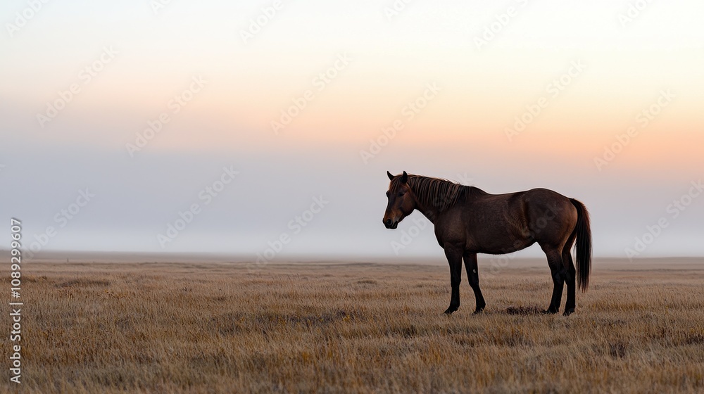 Horse standing in foggy field at sunrise nature serene landscape viewpoint Horse standing in foggy field at sunrise nature serene landscape viewpoint