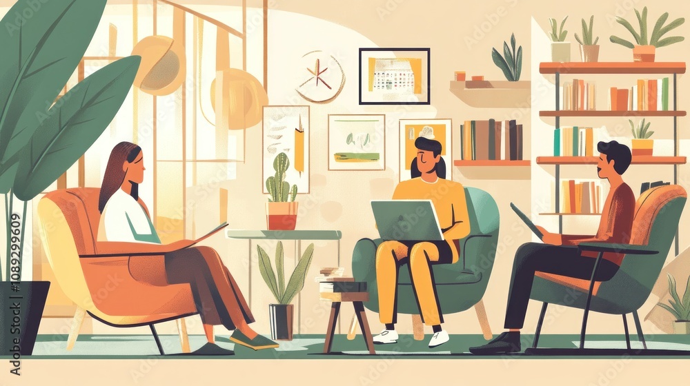 Fototapeta premium Collaborative Teamwork in a Cozy Workspace: Three Professionals Engage in a Productive Meeting, Surrounded by Plants and Books.