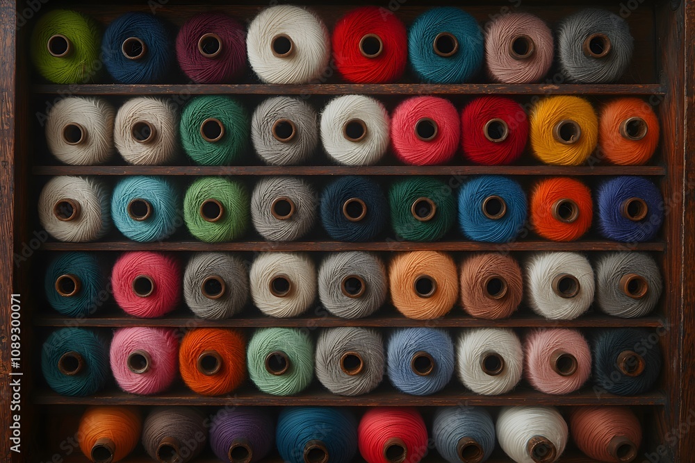 Fototapeta premium Mixed-Color Spools of Thread in a Wooden Drawer – Sewing Supplies, Crafting Essentials, and Organised Storage