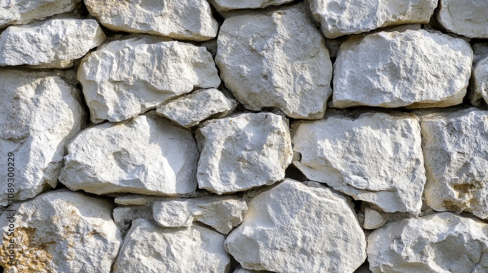 Weathered white stone wall featuring irregular rough textures and varying sizes of stones creating a rustic and natural appearance. Weathered white stone wall featuring irregular rough textures and varying sizes of stones creating a rustic and natural appearance.