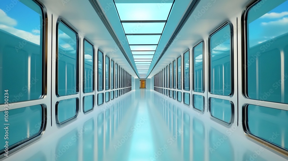 Fototapeta premium Futuristic office corridor with glass walls and reflective surfaces
