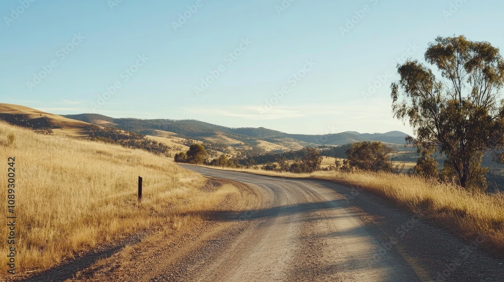 Serene rural road winding through golden grasslands with distant mountains under a clear blue sky Serene rural road winding through golden grasslands with distant mountains under a clear blue sky