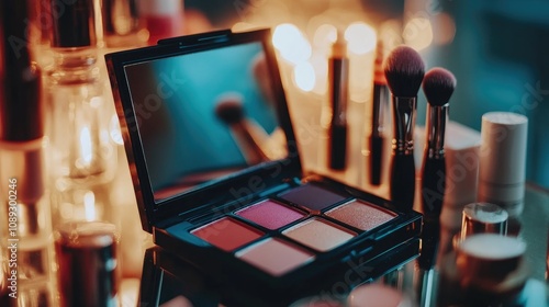 Vibrant eyeshadow palette featuring an array of colors beside a cosmetic brush and assorted beauty products on a softly lit dressing table. photo