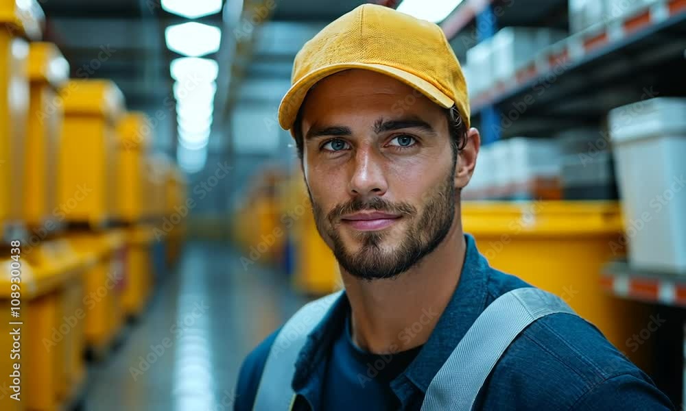 A young man in a yellow cap, smiling in an industrial setting. A young man in a yellow cap, smiling in an industrial setting.