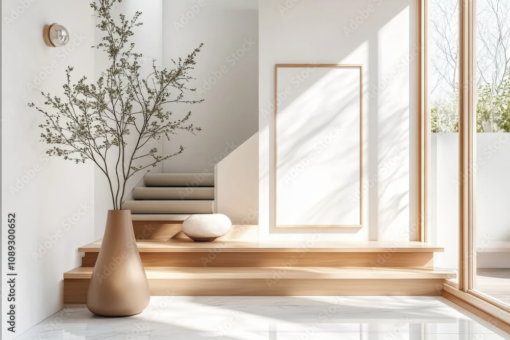 Wooden staircase and marble floor in minimalist interior design Wooden staircase and marble floor in minimalist interior design