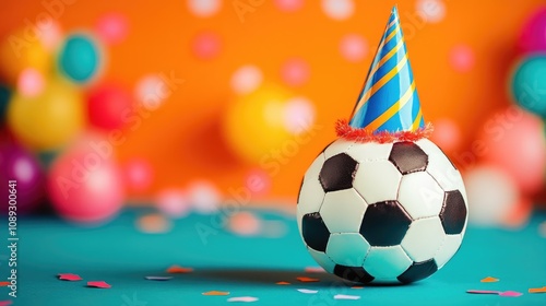 Soccer ball wearing a colorful birthday hat surrounded by vibrant decorations, perfect for children's birthday celebrations with text customization option. photo