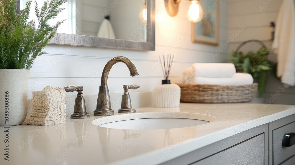 Fototapeta premium Elegant bathroom setting showcasing a chic sink design, stylish fixtures, and neatly arranged towels with a soft color palette and natural elements.