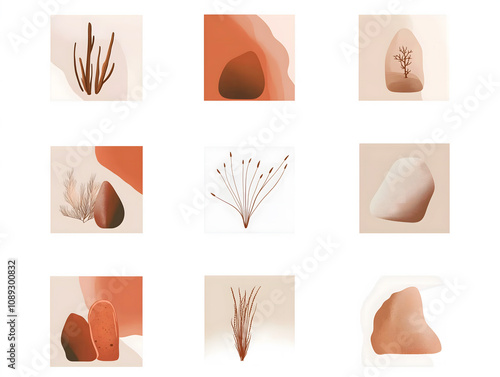 Graphic elements inspired by nature, plants, rocks, shapes
