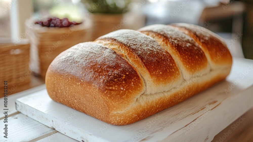 Artisan raisin bread loaf with a golden crust and dusting of flour, beautifully presented on a rustic white wooden board. Artisan raisin bread loaf with a golden crust and dusting of flour, beautifully presented on a rustic white wooden board.