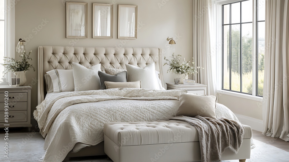 Fototapeta premium Elegant and Cozy Modern Bedroom Interior Design with Stylish Decor, mockup, poster and Background