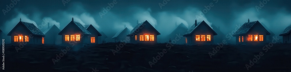 Foggy evening at a remote village atmospheric mysterious landscape nighttime Foggy evening at a remote village atmospheric mysterious landscape nighttime