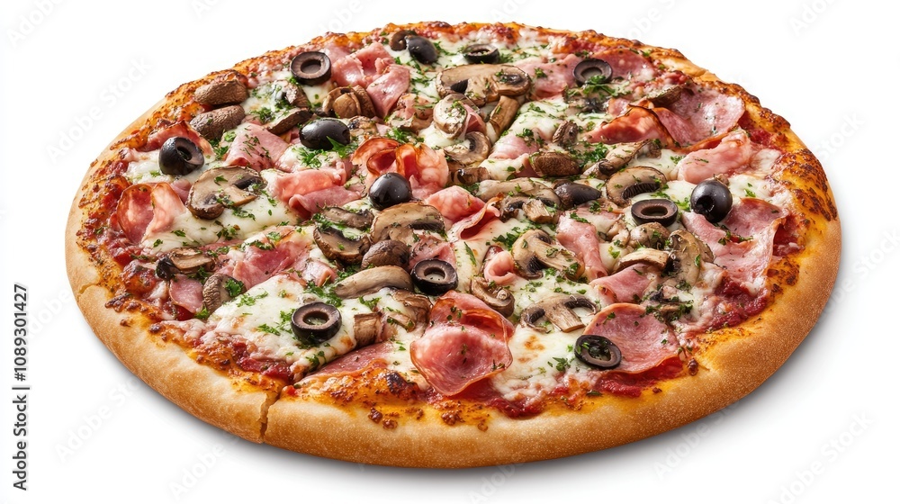 Deliciously sliced pizza topped with savory ham, mushrooms, black olives, mozzarella cheese, and rich tomato sauce, perfect for sharing. Deliciously sliced pizza topped with savory ham, mushrooms, black olives, mozzarella cheese, and rich tomato sauce, perfect for sharing.