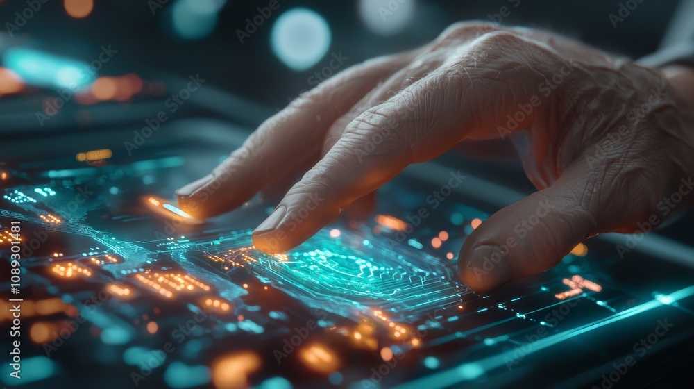 Fototapeta premium Innovative technology interaction digital workspace abstract visuals futuristic environment close-up view human connection