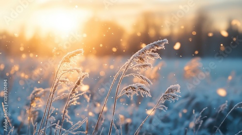 Serene winter landscape featuring frosted grass illuminated by the sun with glistening snowflakes softly falling in a tranquil snowy setting. photo