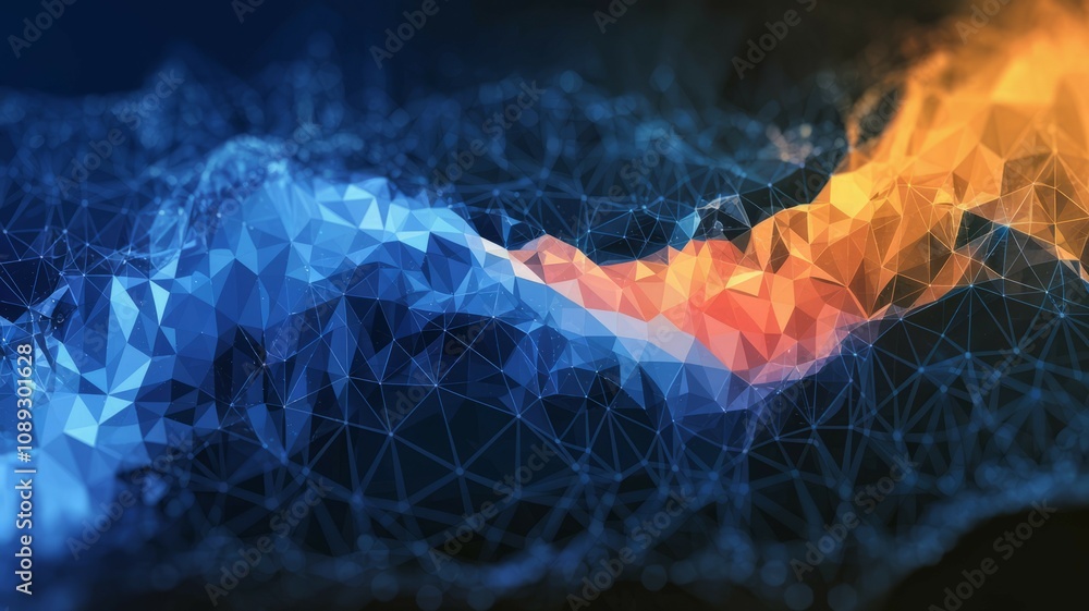custom made wallpaper toronto digitalAbstract digital landscape. Blue and orange polygonal mesh; symbolizes merging data streams or opposing forces. Intriguing design for tech concepts.