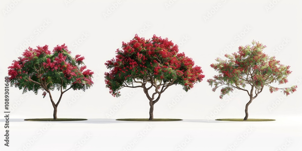 Fototapeta premium Three Blooming Trees in a White Background