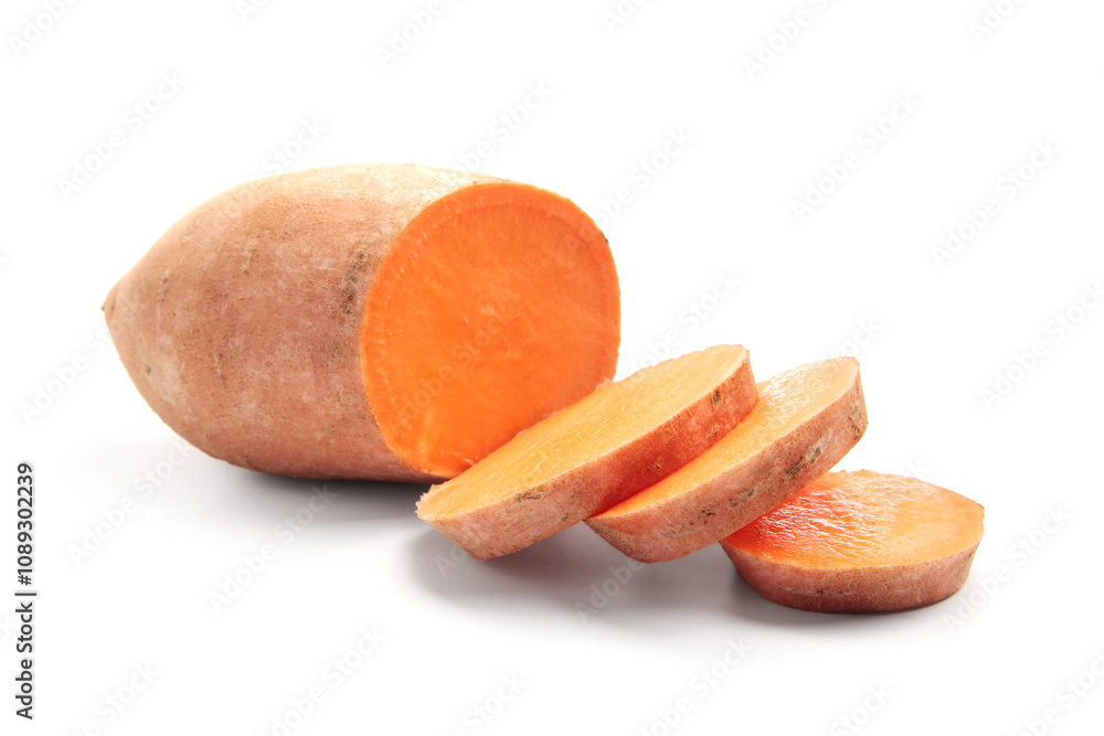 Cut raw sweet potato isolated on white