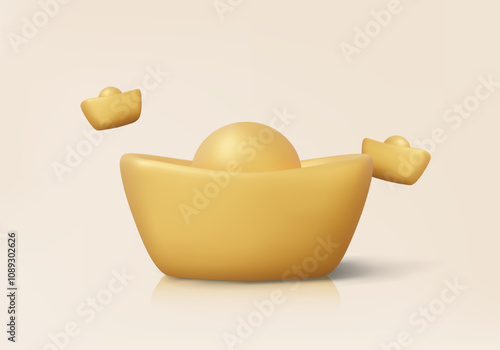 Minimal golden yuan bao china new year asian festival oriental currency culture on beige background. Chinese gold ingot 3D vector icon symbol prosperity premium treasure wealth.