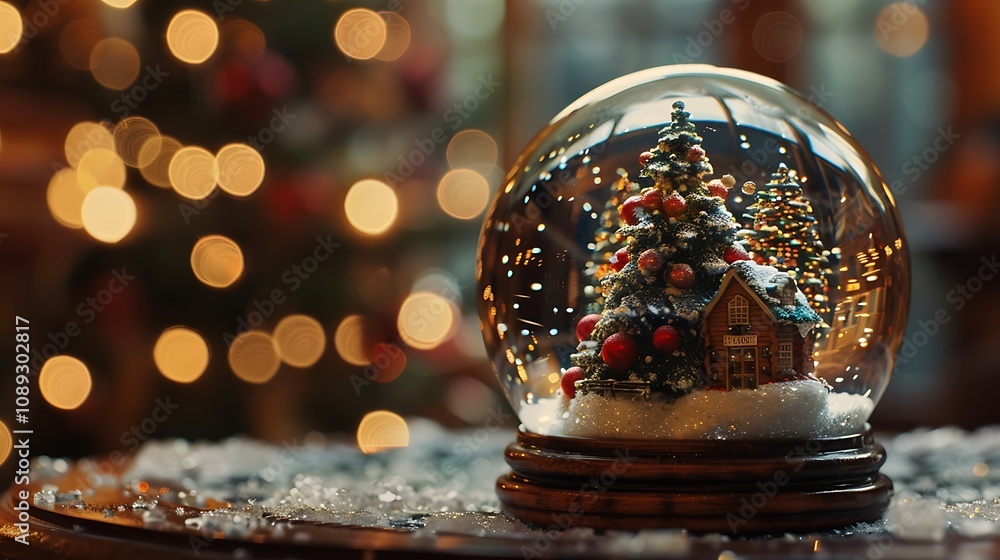 A festive snow globe featuring a decorated Christmas tree and a cozy house, surrounded by sparkling snow. A festive snow globe featuring a decorated Christmas tree and a cozy house, surrounded by sparkling snow.