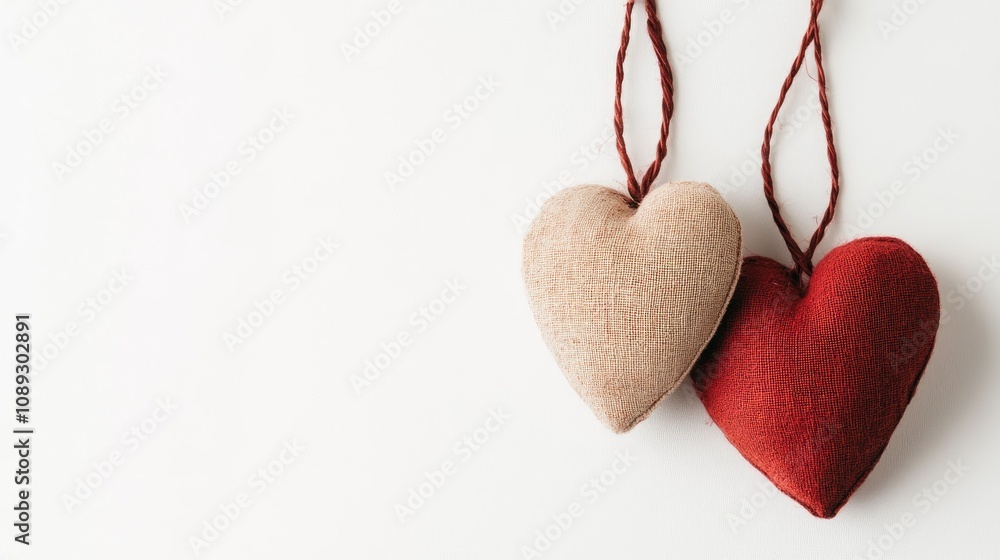 Two fabric hearts, one red and one beige, tied together with string against a clean white background, symbolizing romantic love and emotional connection. Two fabric hearts, one red and one beige, tied together with string against a clean white background, symbolizing romantic love and emotional connection.