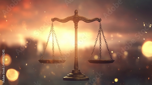 Bronze law scale symbolizing justice against a softly blurred sunset backdrop, embodying themes of fairness and the judicial system. photo