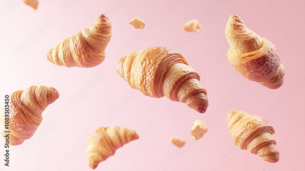 Freshly baked French butter croissants levitating against a soft pastel gradient background, showcasing a whimsical food ingredient concept. Freshly baked French butter croissants levitating against a soft pastel gradient background, showcasing a whimsical food ingredient concept.