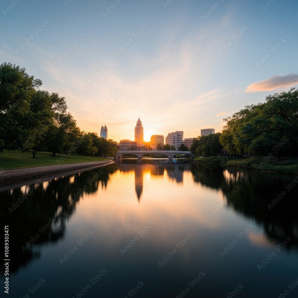 Naklejka premium scenic sunset reflection over a river with city skyline