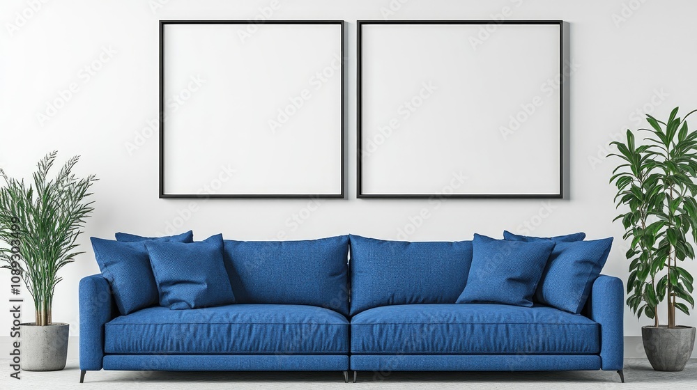 Contemporary living room with two empty frames above a vibrant blue sofa, complemented by potted plants for a fresh and stylish atmosphere. Contemporary living room with two empty frames above a vibrant blue sofa, complemented by potted plants for a fresh and stylish atmosphere.