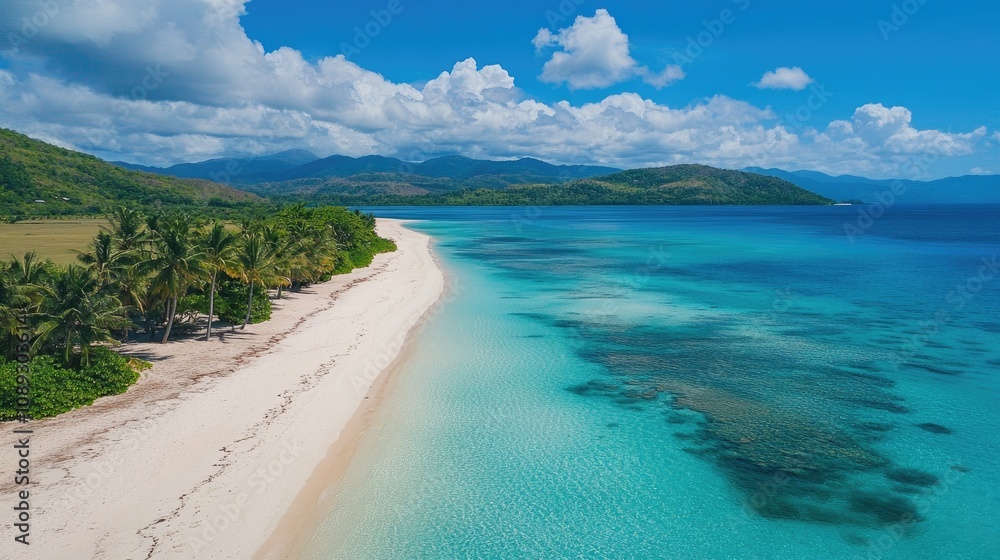 Pristine white sand beaches alongside swaying palm trees meet the tranquil turquoise waters under a bright blue sky and fluffy white clouds. Pristine white sand beaches alongside swaying palm trees meet the tranquil turquoise waters under a bright blue sky and fluffy white clouds.