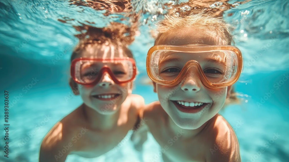Fototapeta premium Two smiling children in colorful goggles swim underwater in a clear blue ocean, surrounded by sparkling water, embodying summer fun and adventure.