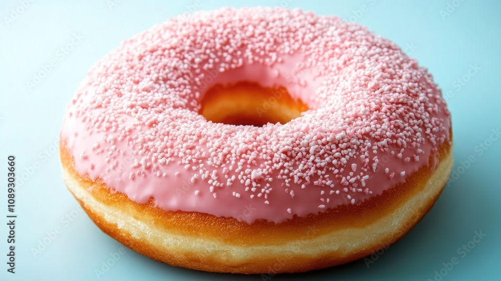 Pink frosted donut topped with sprinkles, gracefully floating against a soft pastel blue background, showcasing its fluffy texture and vibrant color. Pink frosted donut topped with sprinkles, gracefully floating against a soft pastel blue background, showcasing its fluffy texture and vibrant color.