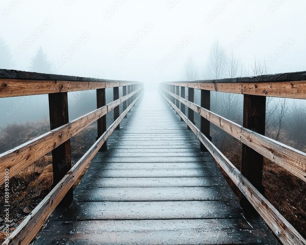 Foggy bridge adventure nature trail serene environment elevated viewpoint Foggy bridge adventure nature trail serene environment elevated viewpoint