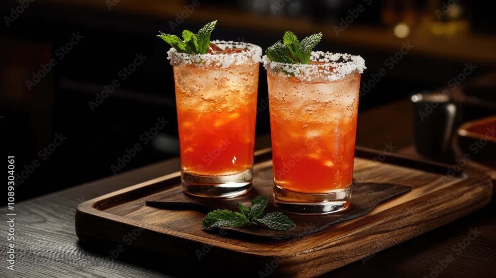 Fototapeta premium Iced beverages with mint garnishes and salted rims resting on a wooden tray, featuring one glass in sharp focus while the other is softly blurred in the background.
