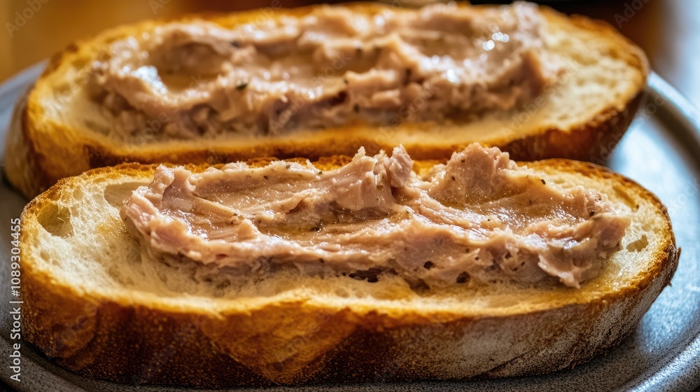 Two rustic slices of baguette topped with creamy homemade pork rillettes in a close-up view, showcasing the rich texture and savory spread.