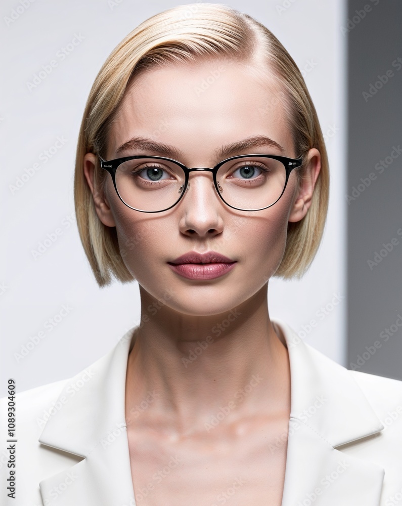 Blonde Woman with Thin-Frame Eyeglasses on White Background Blonde Woman with Thin-Frame Eyeglasses on White Background