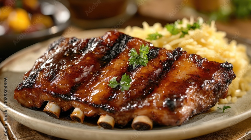 Savory pork ribs glazed with a sweet and tangy sauce, served alongside flavorful rice and garnished with fresh herbs on a rustic plate. Savory pork ribs glazed with a sweet and tangy sauce, served alongside flavorful rice and garnished with fresh herbs on a rustic plate.