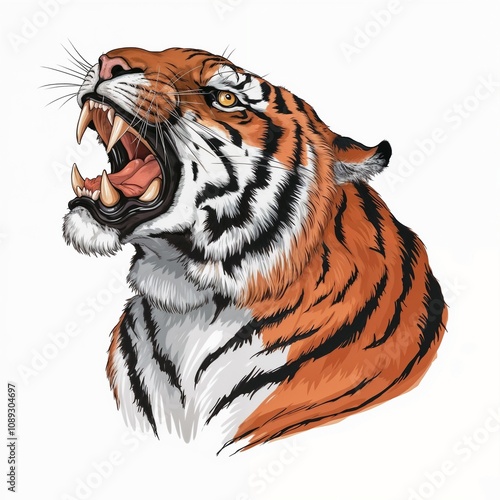 Angry face of sumatran tiger, animal angry, head of tiger sumatera closeup with white background photo