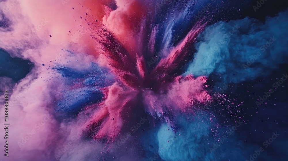 Fototapeta premium Dynamic abstract burst of colorful powder with vivid pink, blue, and purple hues blending seamlessly against a textured dark background.