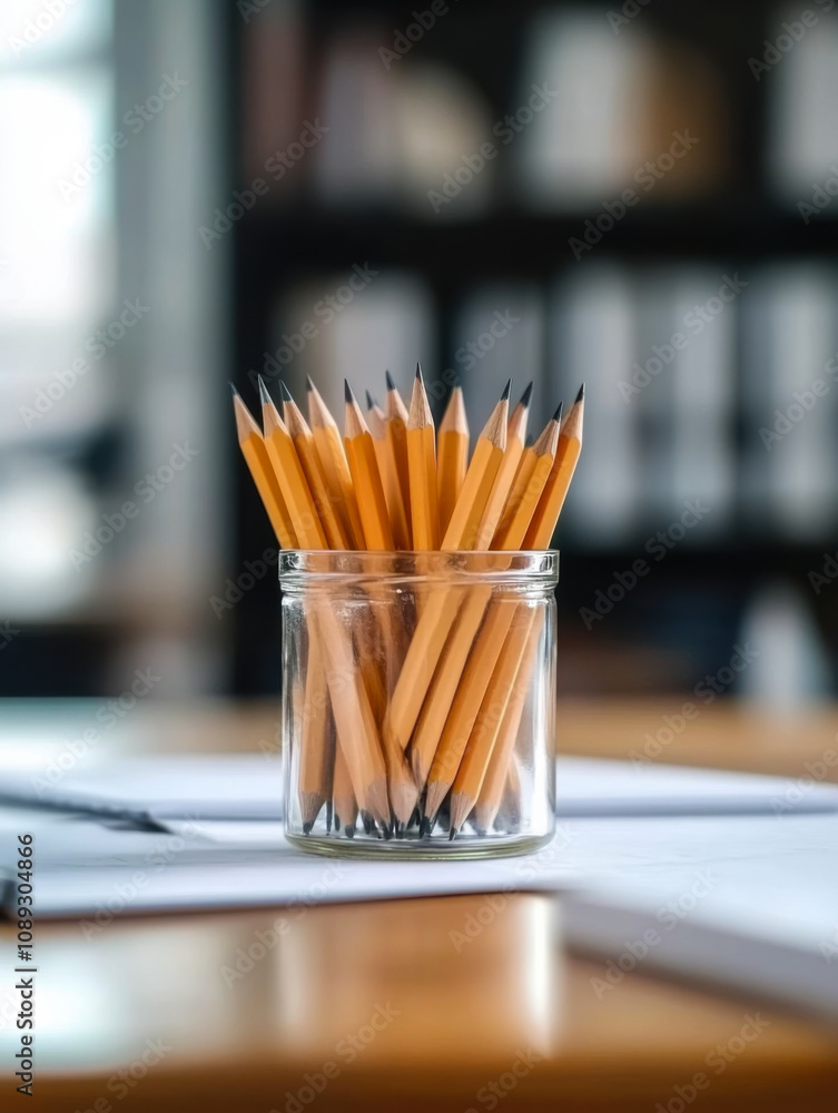collection of sharpened pencils in a clear jar on a desk collection of sharpened pencils in a clear jar on a desk