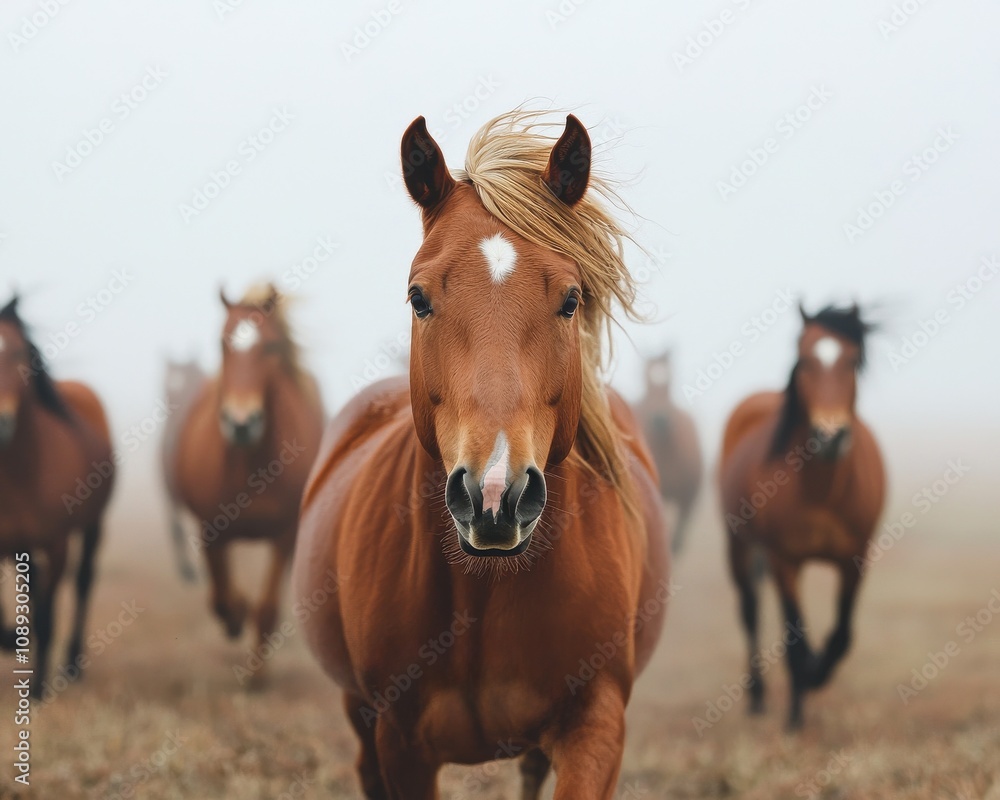 Obraz premium Galloping horses in foggy field nature serene atmosphere close-up perspective