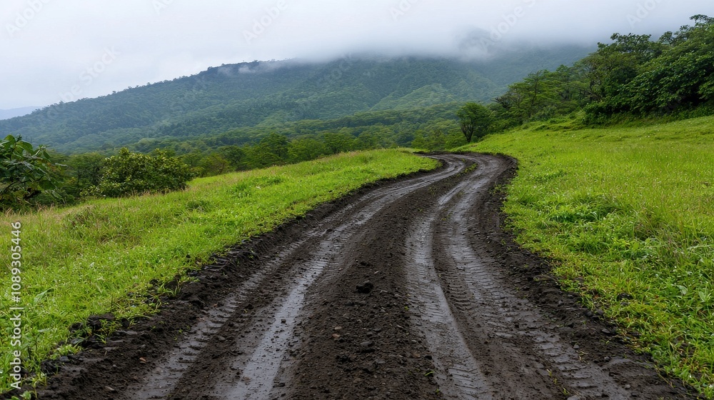 Foggy trail adventure mountain path nature lush environment serene viewpoint Foggy trail adventure mountain path nature lush environment serene viewpoint