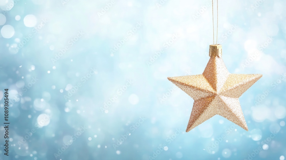 Golden star ornament hanging in front of a soft blue bokeh background, creating a whimsical and festive holiday ambiance ideal for celebrations. Golden star ornament hanging in front of a soft blue bokeh background, creating a whimsical and festive holiday ambiance ideal for celebrations.