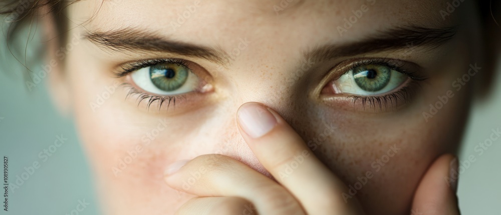 Naklejka premium closeup portrait of a person with striking green eyes and a thoughtful expression