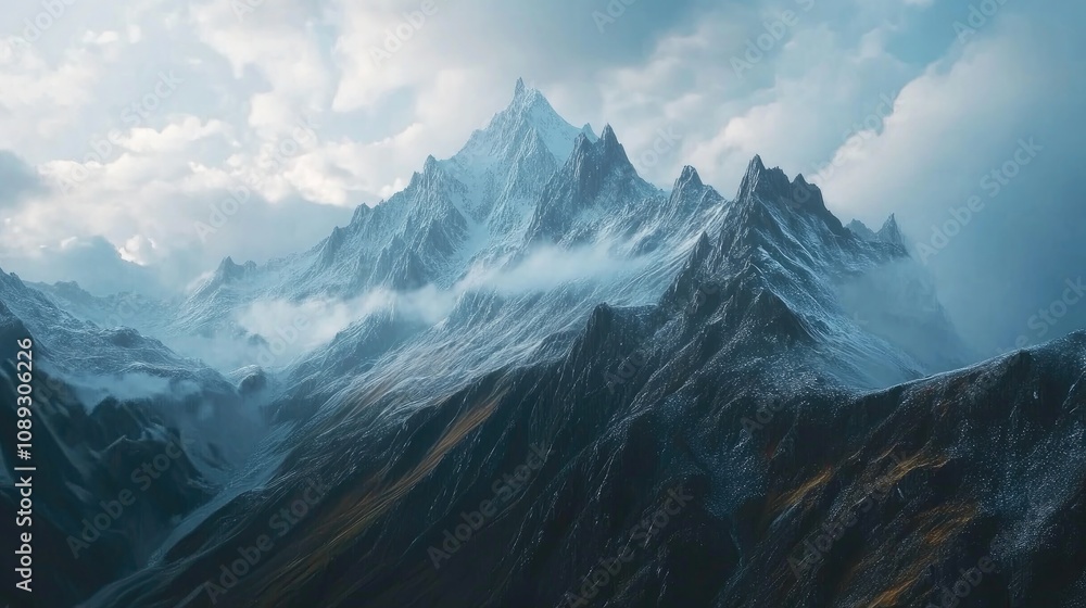 Obraz premium Fantasy RPG book cover displaying a breathtaking mountain landscape with digital photorealism, featuring majestic peaks, dramatic skies, and intricate details.