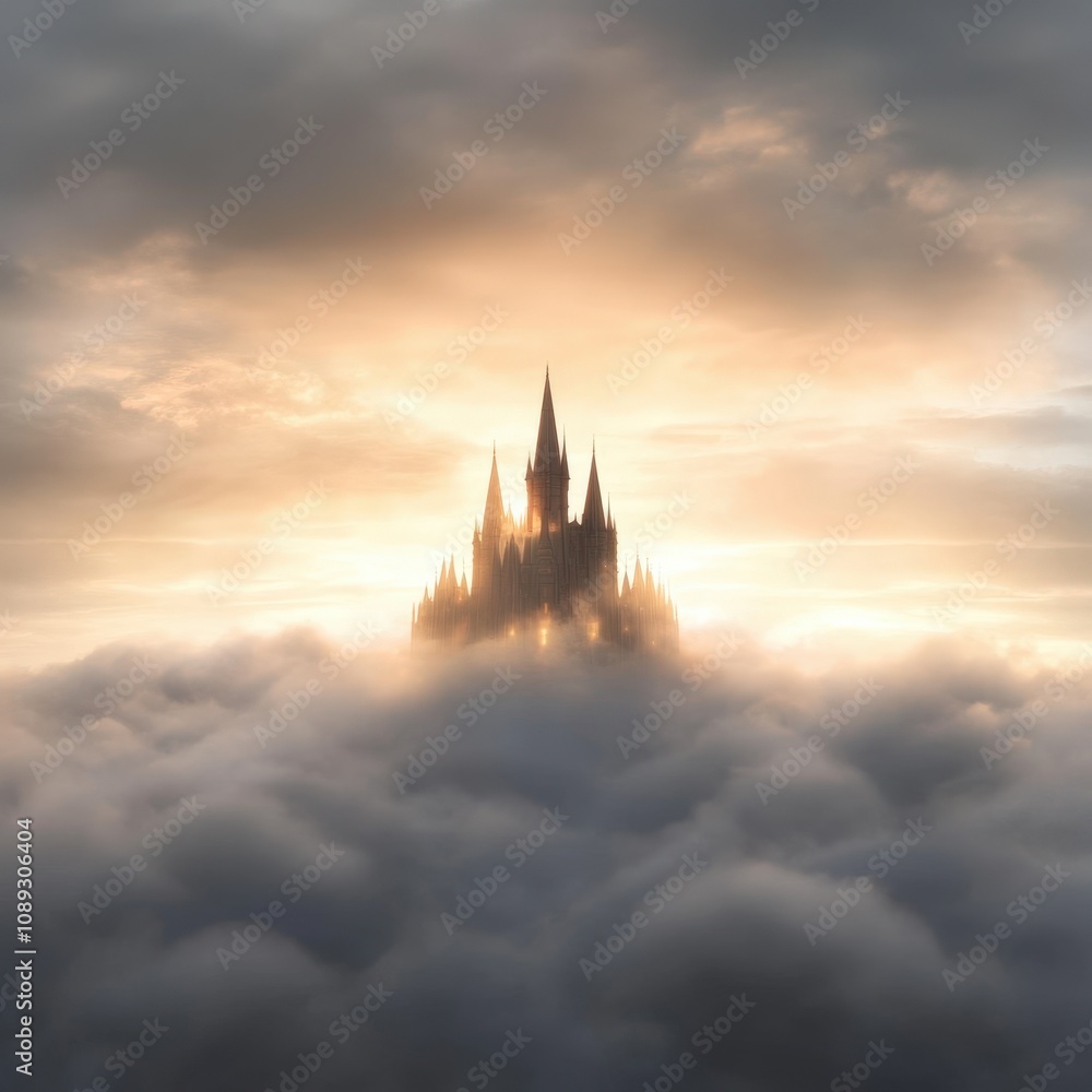 Fototapeta premium fantastical castle emerging from clouds at sunrise