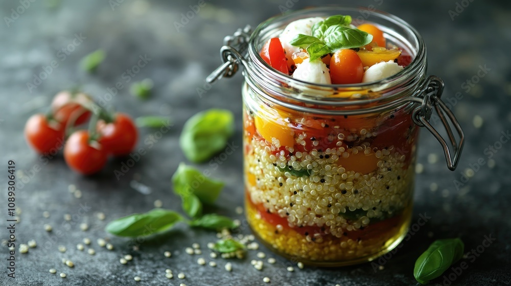 Vibrant Caprese salad layered with quinoa, cherry tomatoes, mini mozzarella, and fresh basil in a glass jar, drizzled with olive oil, perfect for healthy dining. Vibrant Caprese salad layered with quinoa, cherry tomatoes, mini mozzarella, and fresh basil in a glass jar, drizzled with olive oil, perfect for healthy dining.