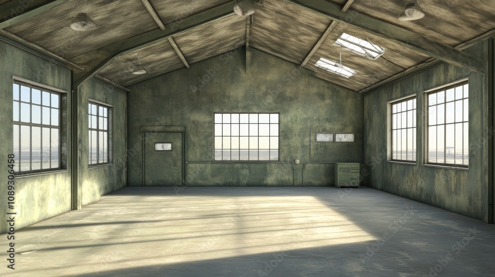 Abandoned aircraft hangar interior showcasing weathered walls, large windows allowing natural light, and a spacious, empty concrete floor in a realistic 3D environment. Abandoned aircraft hangar interior showcasing weathered walls, large windows allowing natural light, and a spacious, empty concrete floor in a realistic 3D environment.